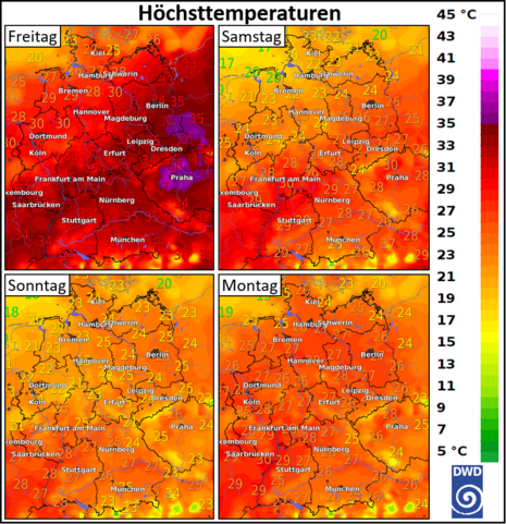 Abb 2: Pseudopotentielle Temperatur (°C) in 850 hPa für Freitag (15. August), 14 Uhr (MESZ), bis Sonntag (17. August), 14 Uhr (MESZ). Die blau gestrichelte Linie markiert die Kaltfront in dieser Höhe.