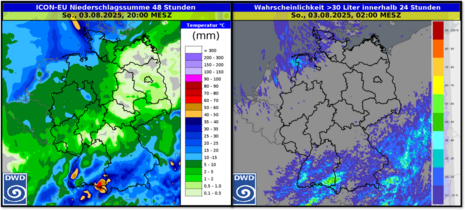 Niederschlagssumme der letzten drei Tage anhand von Radarbildauswertungen (Fläche) und aufsummierten Stundenwerten der Bodenmessstationen (Werte).