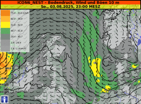 Animation der Windgeschwindigkeiten (Böen) in 10 Meter Höhe und des Bodendrucks für Montag und die Nacht zum Dienstag (04./05.08.2025), Modell: ICON (Quelle.DWD)