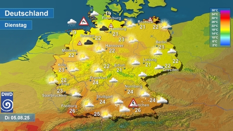Wetter- und Temperaturkarte, Dienstag 05.08.2025