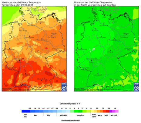 Gefühlte Temperaturen für Samstag, 9. August (links) und für die Nacht auf Sonntag, 10. August (rechts). Vor allem im Süden tagsüber ein heißes thermischen Empfinden. (Quelle: DWD)