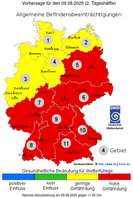 Gesundheitliche Bedeutung für Wetterfühlige bezüglich allgemeiner Befindensbeeinträchtigungen mit einer hohen gesundheitlichen Gefährdung im Süden und Teilen der Mitte und des Ostens. (Quelle: DWD)