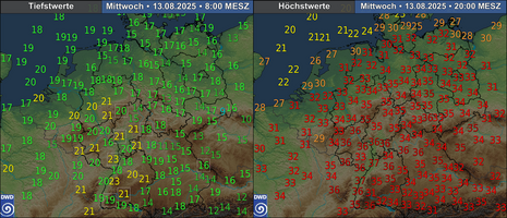Prognostizierte Tiefsttemperaturen für die Nacht auf Mittwoch mit tropischer Nacht (> 20 Grad) im Westen und Südwesten (links) und Höchstwerte mit Maxima bis 37 Grad (rechts). (Quelle: DWD)