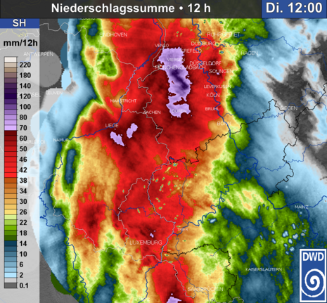 Zu sehen sind die 12-stündigen, bis zum 09.09.2025 um 12 MESZ gefallenen Niederschläge über dem Westen Deutschlands. Gut zu erkennen ist der Hotspot mit deutlich über 100 l/qm rund um Mönchengladbach.