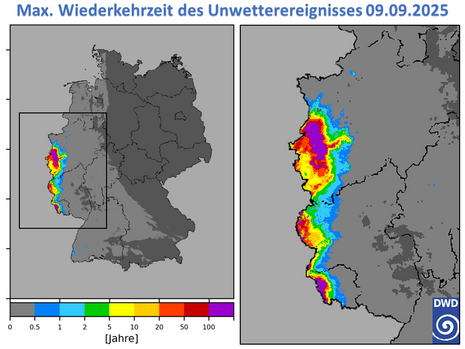 Die Wiederkehrzeit des Unwetterereignisses belegt eine Jährlichkeit von teils über 100 Jahren rund um Mönchengladbach und im äußersten Westen des Saarlandes.