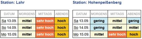 Bienenflugvorhersage für die Stationen Lahr (BW) und Hohenpeißenberg (BY)