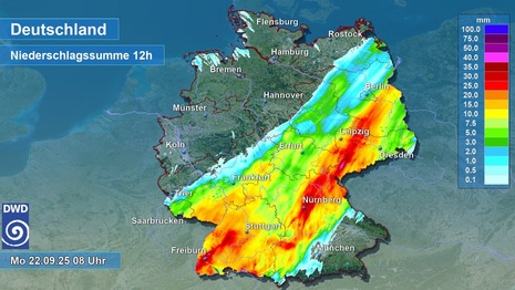 12-stündige Niederschlagssumme, abgleitet aus Radardaten, Stand: 22.09.2025, 8 MESZ
