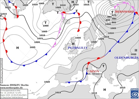 Vorhersage der Isobaren und Fronten für Dienstag, 23.09.2025, 12 UTC