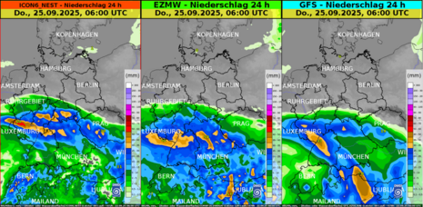 Modellvergleich der 24-stündigen Niederschlagsvorhersage, bis Donnerstag, 25.09.2025, 6 UTC