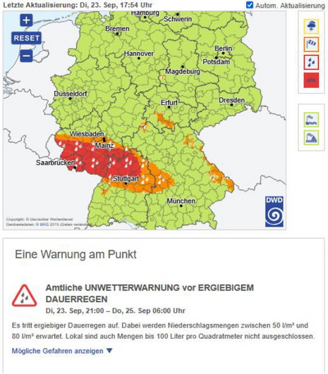 Warnlage am 23.09.2025 um 17:54 Uhr (die vereinzelten ockerfarbenen Punkte sind Windwarnungen und gehören nicht zum Regenereignis)