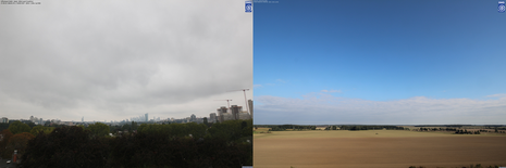 DWD-Webcamfotos von Samstag, 27. September 2025 08 UTC. Links: Blick von der DWD-Zentrale in Offenbach in Richtung Frankfurt am Main (Hessen). Rechts: Blick in Richtung Nord-Nordost vom Meteorologischen Observatorium Lindenberg bei Falkenberg (Brandenburg