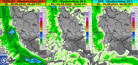 24-stündige Niederschlagsvorhersage bis Dienstagmorgen, den 30. September 2025 der Wettermodelle ICON-EU (links), IFS (Mitte) und GFS (rechts).