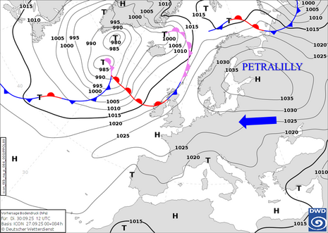 DWD-Vorhersagekarte für den Bodendruck und die Luftmassengrenzen im Bereich von Europa und dem Nordostatlantik für Dienstag, den 30. September 2025, 12 UTC auf Basis des ICON-Modelllaufs vom 27. September 2025, 00 UTC.