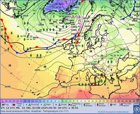 Vorhersagekarte für Mittwoch, 01.10.2025, 12 UTC