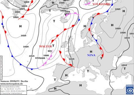 Wetterlage am Samstag, 6. September mit Spätsommerhoch NINA über Deutschland. (Quelle:TKB-VBZ)