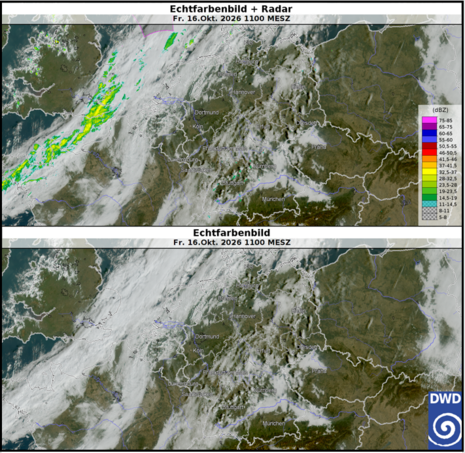 Abb. 1: Echtfarben-Satellitenbild, aufgenommen vom MTG-Satelliten, von Freitag, 16. Oktober 2026, 11 Uhr (mitteleuropäische Zeit). In der oberen Abbildung ist zusätzlich das Niederschlagsradarbild hinzugefügt. Quelle: Deutscher Wetterdienst
