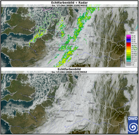 Abb. 4: Echtfarben-Satellitenbild, aufgenommen vom MTG-Satelliten, von Samstag, 17. Oktober 2026, 11 Uhr (mitteleuropäische Zeit). Quelle: Deutscher Wetterdienst