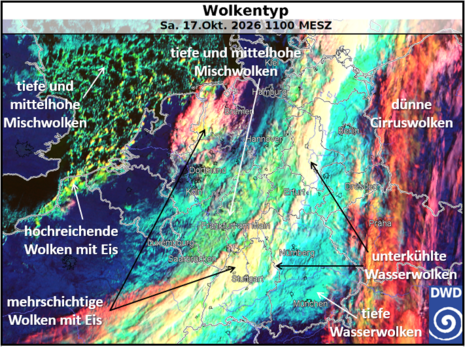 Abb. 5: Komposit „Wolkentyp“, erstellt mit RGB-Bildauswertetechnik aus drei Kanälen des MTG-Satelliten, von Samstag, 17. Oktober 2026, 11 Uhr (mitteleuropäische Zeit). Quelle: Deutscher Wetterdienst