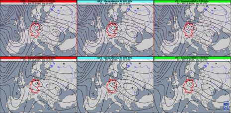 Modellvergleich von links nach rechts: ICON, GFS und IFS zur Geopotentialvorhersage auf 500 hPa (oben) und 300 hPa (unten) für Dienstag, 20.10.2026 6 UTC/8 MESZ