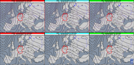 Modellvergleich von links nach rechts: ICON, GFS und IFS zur Geopotentialvorhersage auf 500 hPa (oben) und 300 hPa (unten) für Dienstag, 20.10.2026 12 UTC/14 MESZ