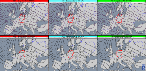 Modellvergleich von links nach rechts: ICON, GFS und IFS zur Geopotentialvorhersage auf 500 hPa (oben) und 300 hPa (unten) für Dienstag, 20.10.2026 18 UTC/20 MESZ