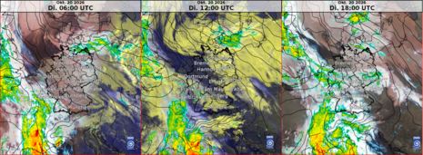 Karte Deutschland und Umgebung mit Satelliten- und Radarbild sowie Isobaren vom Dienstag, 20.10.2026; links: 6 UTC, mittig 12 UTC, rechts 18 UTC