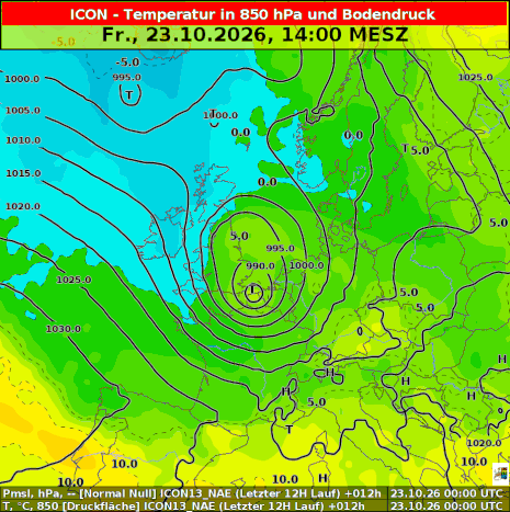 Animation des Druckfeldes und der Temperatur in 850 hPa (etwa 1400 Meter Höhe), [Basis: ICON].