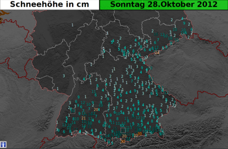Schneehöhen am Morgen des 28.Oktober 2012 in Deutschland.