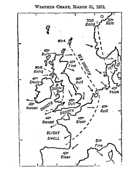 Wetterkarte in der Zeitung „The Times“ vom 1. April 1875 mit der synoptischen Situation des Vortags, Quelle: Gavan Tredoux, Royal Anthropological Institute, London, über galton.org
