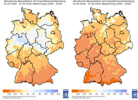 Abb. 1: Klimatische Wasserbilanz für den Frühling und Sommer 2026.