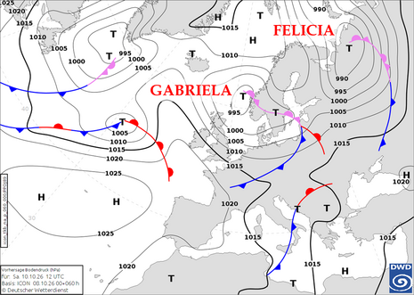 DWD-Vorhersagekarte für den Bodendruck und die Luftmassengrenzen im Bereich von Europa und dem Nordostatlantik für Samstag, den 10. Oktober 2026, 12 UTC auf Basis des ICON-Modelllaufs vom 08. Oktober 2026, 00 UTC.