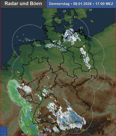 Radarfilm vom 08.01.2026 08 Uhr bis 10.01.2026 10 Uhr, zusätzlich Böen der letzten Stunde in 10 Meter Höhe. Blau: Schnee, Grün: Regen, Rot: Gefrierender Regen (Quelle:DWD)