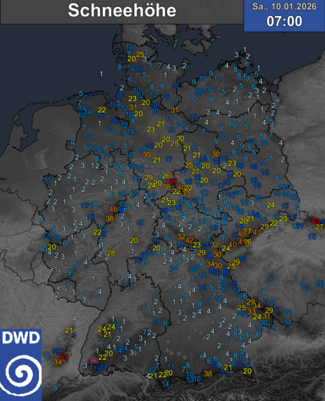 Schneehöhen in cm am 10.01.2026 um 07 Uhr (Quelle:DWD)