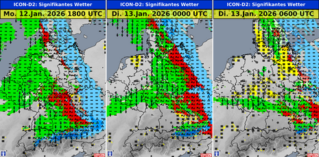Wetterentwicklung nach Wettermodell ICON-D2 Montagabend (12.01., 18 UTC) bis Dienstagfrüh (13.01.,06 UTC) mit Kennzeichnung der Niederschlagsphase (blau=Schnee, grün=Regen, rot=gefrierender Regen), Ostverlagerung des Glatteisschwerpunktes (Quelle:DWD)