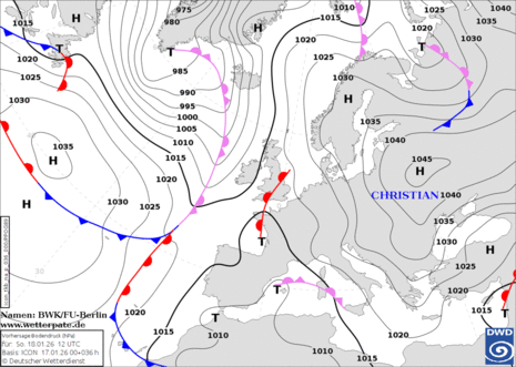 Vorhersage Bodendruck mit Fronten für den 18.01.2026 13 Uhr