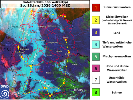 Abbildung 1: RGB-Satellitenbild „Wolkentyp“ mit eingezeichneter Fahrtroute
