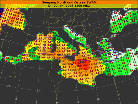 Signifikanter Seegang des EWAM-Seegangmodells im Mittelmeer am Dienstag Mittag mit dem Maximum (roter Bereich) südöstlich von Sizilien, Angaben in Metern