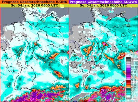 Prognose der Gesamtschneehöhe bis Sonntag, den 04.01.2026. Vor allem im Stau der zentralen Mittelgebirge werden größere Neuschneemengen simuliert. (Quelle: DWD)