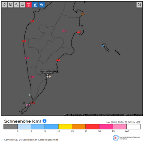 Messungen der Schneehöhen auf Kamtschatka vom 19. Januar 2026, 22 Uhr MEZ. Die Hauptstadt Petropawlowsk-Kamtschatski hat 168 cm Schnee, deutlich mehr als alle anderen Messpunkte in der Umgebung.