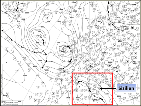 Bodenanalysen mit Luftdruck und Fronten. (Quelle:DWD)
