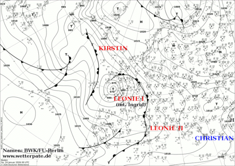 Karte Europa und Nordatlantik mit Analyse von Isobaren und Fronten von Samstag, 24.01.2026, 0 UTC/1 MEZ