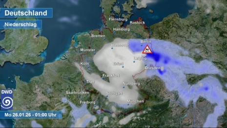 Deutschlandkarte mit Vorhersage von Schnee (weiß) und Regen (blau) aus dem ICON Modell für Montag, 26.01.2026 1 Uhr