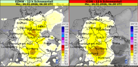 Modellvergleich der 12-stündigen Schneemenge von EZMW (links) und ICON (rechts) für Montag, 26.01.2026 06 UTC/7 MEZ