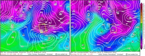 Abb. 1: Großwetterlage am 01.02.1956 (links) und 05.02.1956 (rechts). Dargestellt sind die 850 hPa pseudopotentielle Temperatur (Farbflächen, °C) und der Bodendruck (weiße Isolinien). Zur Orientierung ist Deutschland gelb eingerahmt. (Quelle: www.wetter3.