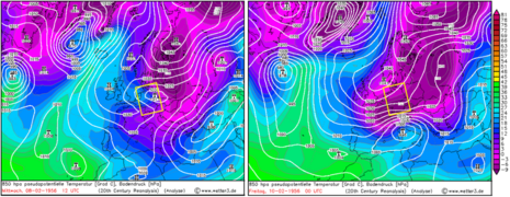Abb. 2: wie Abb. 1, jedoch Großwetterlage am 08.02.1956 (links) und 10.02.1956 (rechts). (Quelle: www.wetter3.de)