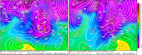 Abb. 4: wie Abb. 1, jedoch Großwetterlage am 15.02.1956 (links) und 18.02.1956 (rechts). (Quelle: www.wetter3.de)