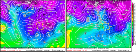 Abb. 5: wie Abb. 1, jedoch Großwetterlage am 22.02.1956 (links) und 29.02.1956 (rechts). (Quelle: www.wetter3.de)