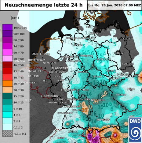 24 stündige Neuschneemenge in cm zwischen 25. und 26.01.2026, 7 Uhr.