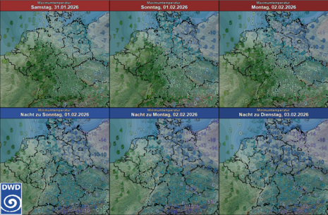 Vorhersage der Höchst- und Tiefsttemperaturen in Deutschland vom heutigen Samstag (31.01.) bis zur Nacht zum Dienstag (03.02.2026)
