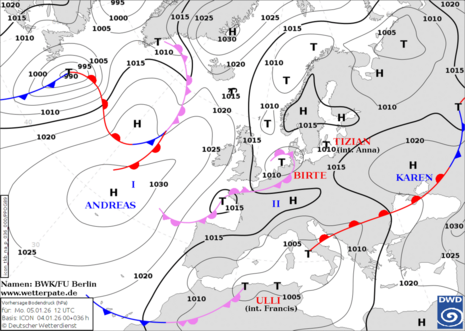 Vorhersage der Wetterlage in Europa mittels Isobaren und Fronten für den 05.01.2026 12 UTC (Quelle:DWD)